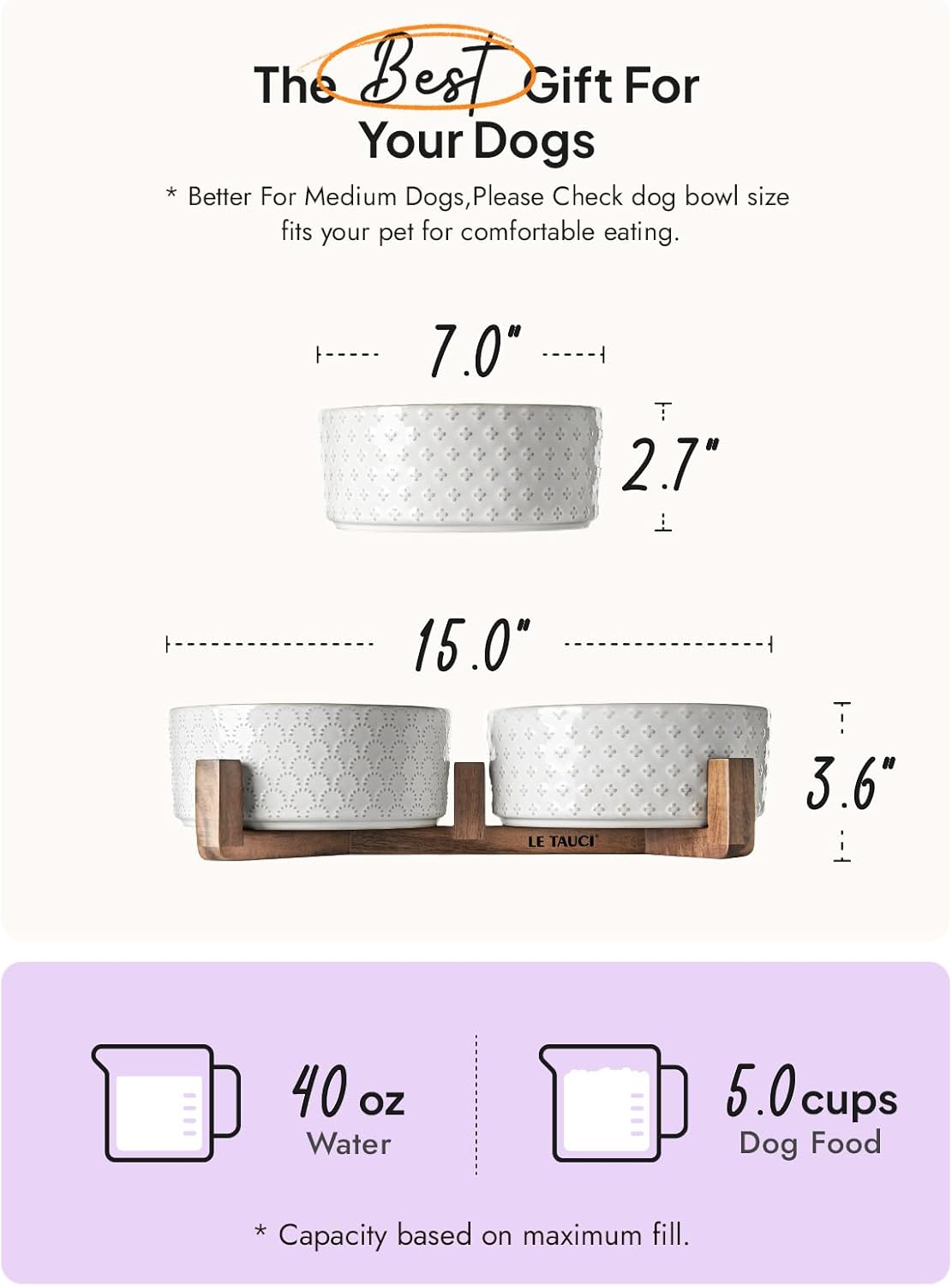 LE TAUCI Dog Bowl Set with Acacia Wood Stand - 1.5-Cup Ceramic Puppy Bowls for Small Dogs, Dual Food and Water Bowls with Weighted Non-Slip Base