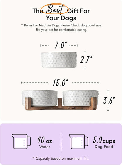 LE TAUCI Dog Bowl Set with Acacia Wood Stand - 1.5-Cup Ceramic Puppy Bowls for Small Dogs, Dual Food and Water Bowls with Weighted Non-Slip Base