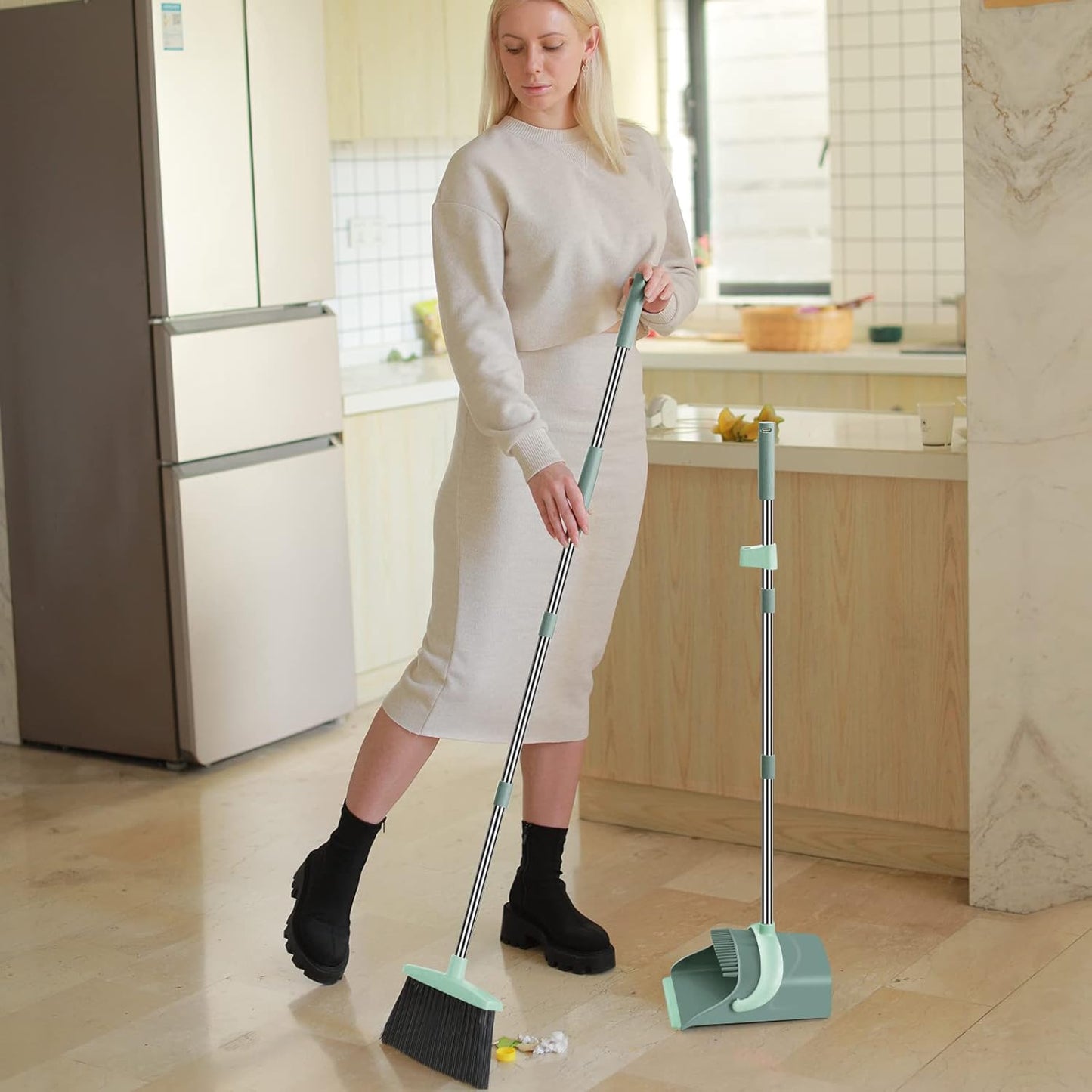 Ivandar Broom with Dustpan Combo Set, 50.6 inch Long Handle, Upright Standing Broom and Dustpan Set Quiet Cleaning Tool Sweep the Floor Dust pan Removes 4 Times More Pet Hair(Brown and Gray)