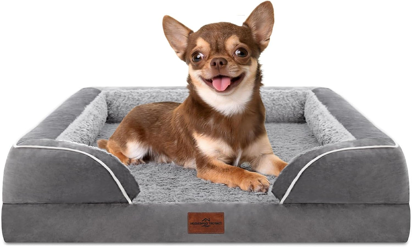 Comfort Expression Orthopedic Dog Bed for Extra Large Dogs 42x30 Inch, Waterproof Egg Crate Foam XL Pet Bed with Removable Bolsters, Dog Couch with Washable Cover & Non-Slip Bottom, Grey - Colors A