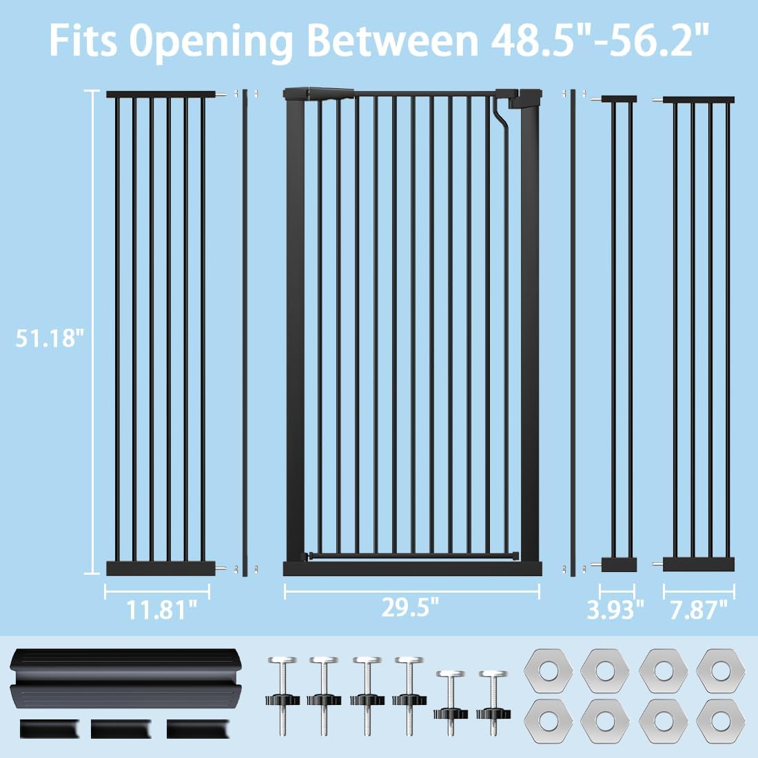 51.18" Extra Tall Cat Gate for Doorway,29.5"- 48.4" Wide Auto Close Tall Pet Gate No Drilling Pressure Mounted for Hallway Kitchen,Black