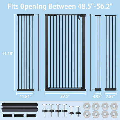 51.18" Extra Tall Cat Gate for Doorway,29.5"- 48.4" Wide Auto Close Tall Pet Gate No Drilling Pressure Mounted for Hallway Kitchen,Black