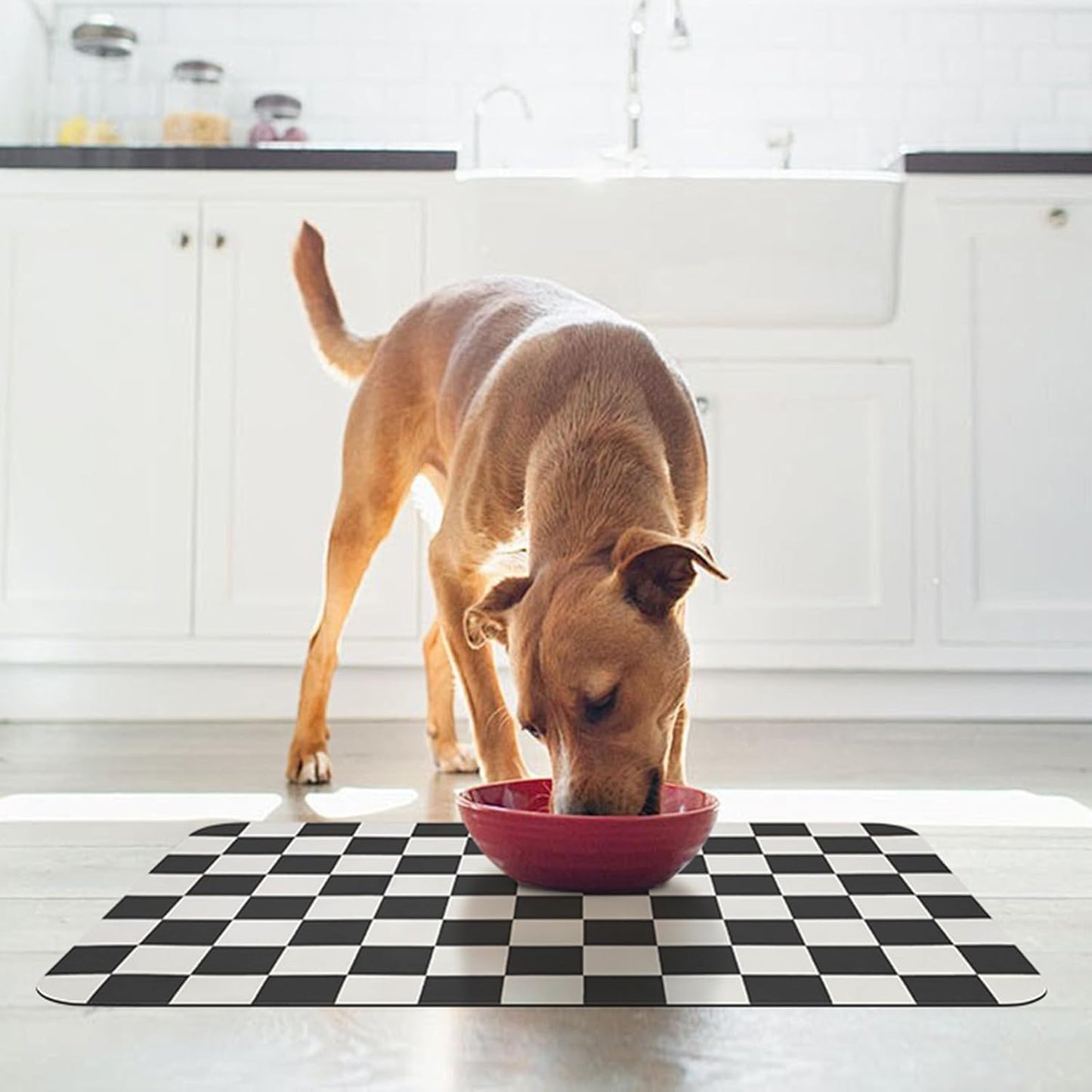 CooRug Checkered Dog Food Mat, Absorbent Leak-Proof Pet Feeding Mat, Quick Dry Cat Food Mat for Messy Drinkers 12" x 20" Khaki