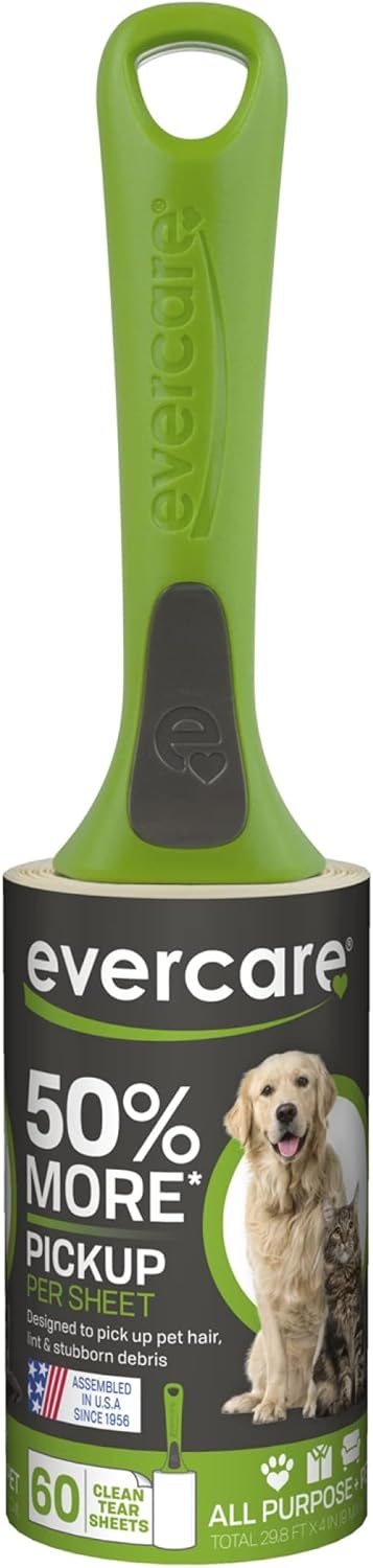 Evercare All Purpose Pet Hair Lint Roller with 2 Refills, 180 Total Sheets – Reusable Sticky Roller for Pet Hair, Cat & Dog Hair Remover, Lint Remover, Pet Hair Remover for Furniture, Clothing & Cars
