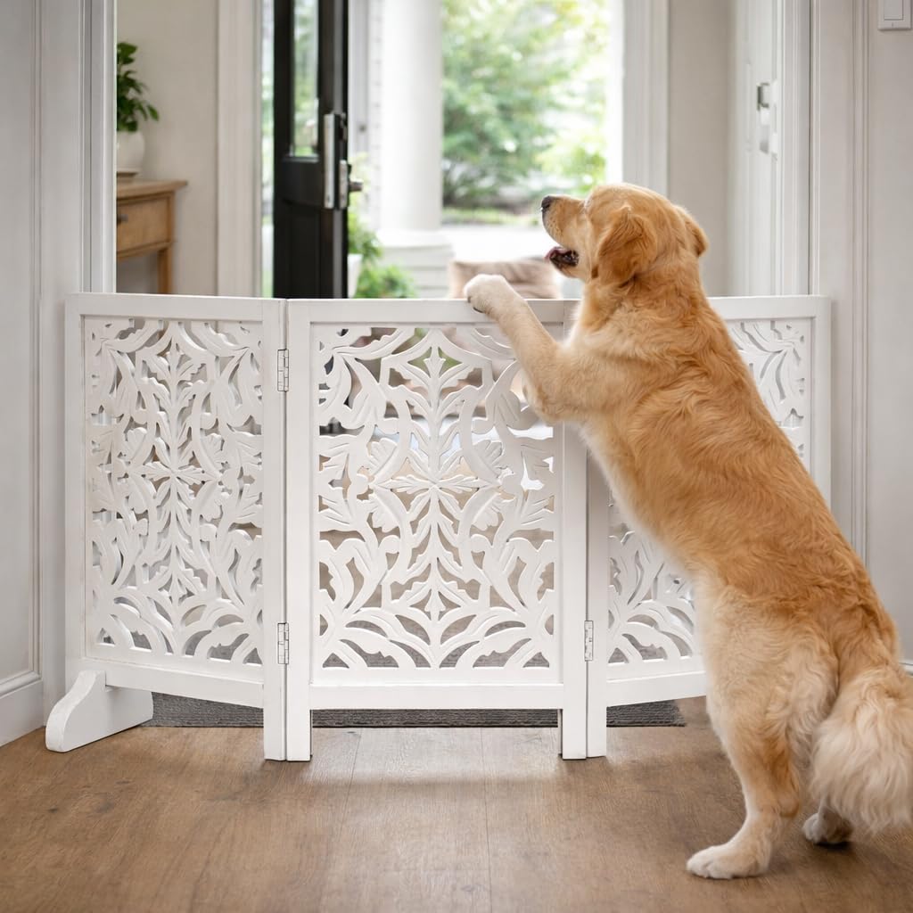 Freestanding Pet Gate for Dogs, Foldable Wooden Dog Gate for House, Indoor Dog Gate for Stair, Doorway, House Design Gates for Dogs Indoor, 72 Inch Wide, (18" x4 Panels 72 inch), Burnt Finish