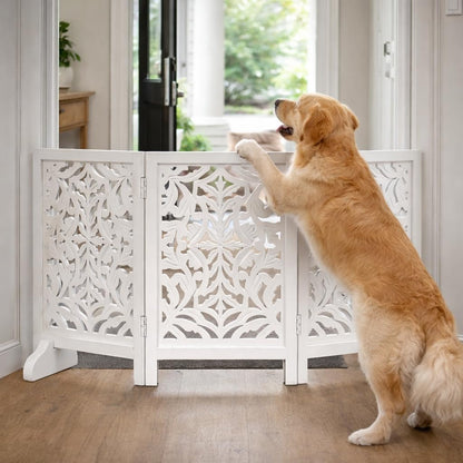 Freestanding Pet Gate for Dogs, Foldable Wooden Dog Gate for House, Indoor Dog Gate for Stair, Doorway, House Design Gates for Dogs Indoor, 72 Inch Wide, (18" x4 Panels 72 inch), Burnt Finish