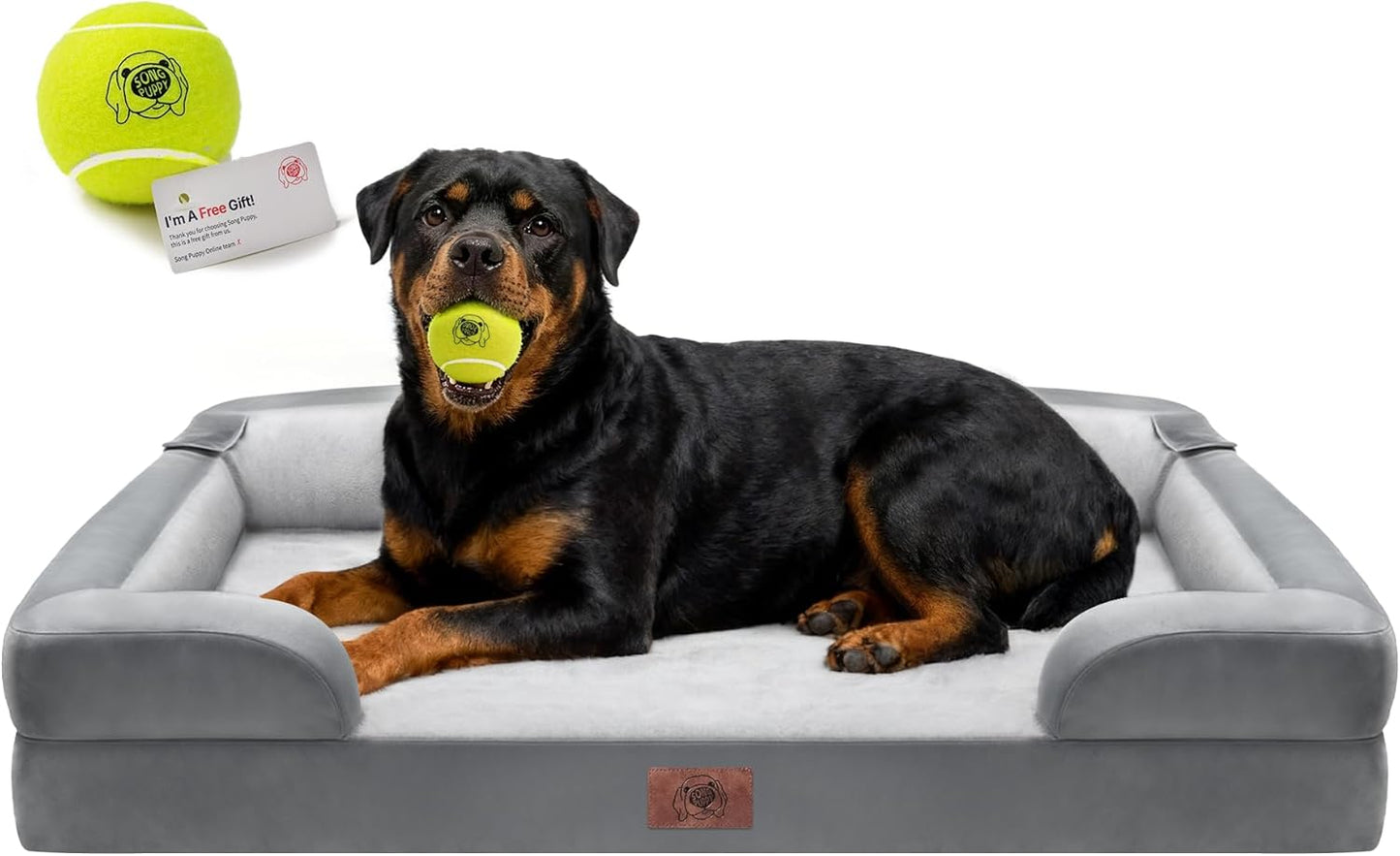 Extra Large Dog Bed, Orthopedic XL Washable Memory Foam Bed for Big Dogs Waterproof Pet Couch Sofa Bolster with Removable Cover, Non-Slip Bottom, Tennis Ball Toy, 42x30