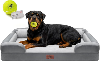 Extra Large Dog Bed, Orthopedic XL Washable Memory Foam Bed for Big Dogs Waterproof Pet Couch Sofa Bolster with Removable Cover, Non-Slip Bottom, Tennis Ball Toy, 42x30