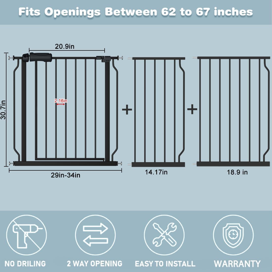Extra Wide Baby Gate 57.5-62 Inch Black Walk THR Dog Gates Doorways House No Drill Pressure Mounted Auto Close Long Child Safety Gate for Kids and Pet