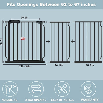 Extra Wide Baby Gate 57.5-62 Inch Black Walk THR Dog Gates Doorways House No Drill Pressure Mounted Auto Close Long Child Safety Gate for Kids and Pet