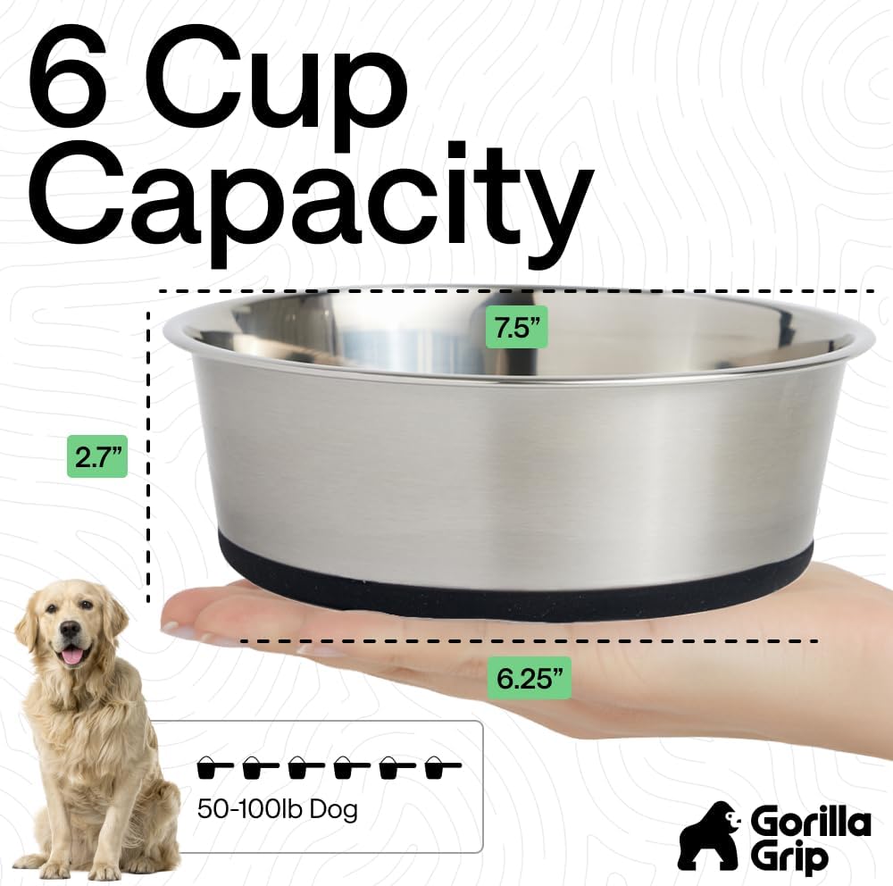 GORILLA GRIP Dog Bowls, Food Grade 304 Stainless Steel, Holds 2 Cups Each (16 fl oz) Food and Water Bowl for Feeding Dogs and Cats, Dishwasher Safe, Rust Resistant, BPA Free Rubber Base Set of 2 Black