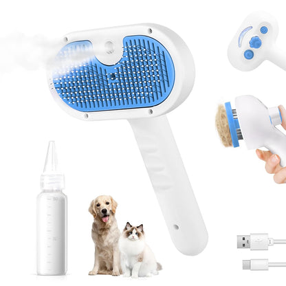 Pet Steam Brush for Dog & Cat - 3-in-1 Steam Grooming Brush for Shedding & Hair Removal - Self Cleaning Spray Comb with Mist for Long Haired Pets - Includes 1*Waterless Shampoo, Blue.