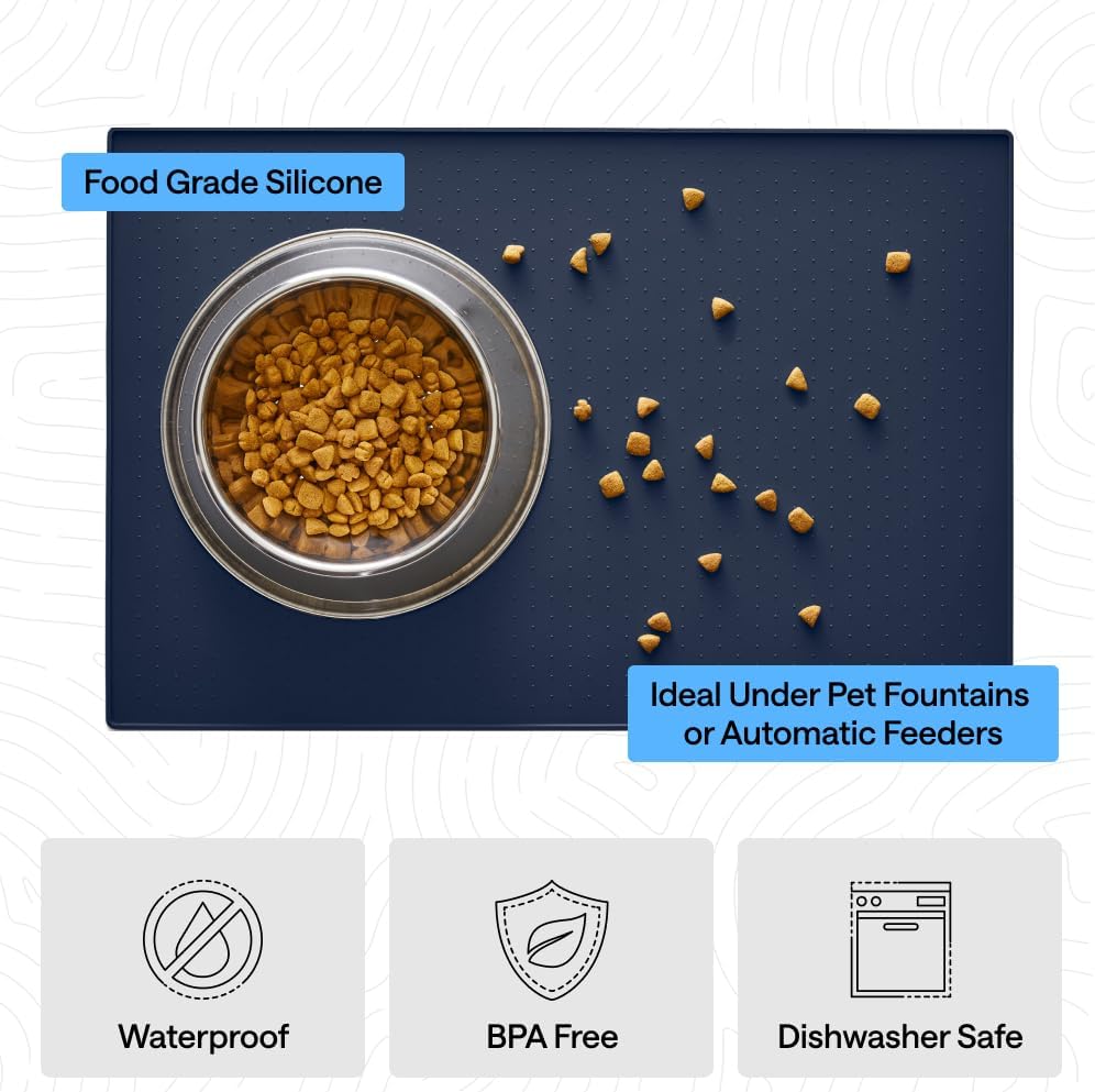 GORILLA GRIP 100% Waterproof Raised Edge BPA Free Silicone Pet Feeding Mat, Dog Cat Food Mats Contain Spills Protects Floors, Placemats for Cats and Dogs Water Bowl, 18.5x11.5, Gray