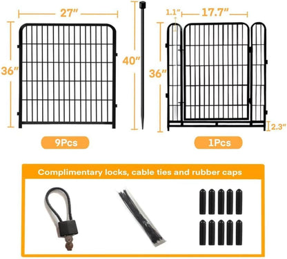 Getlay 36 in(H) Garden Fence, Wide Gate Low Threshold, 10 Panels Total 22.1 Ft(L) Heavy Duty Iron Animal Barrier Fence for Yard,Suitable for Indoor Or Outdoor Dog Fencing,Garden Border Fence
