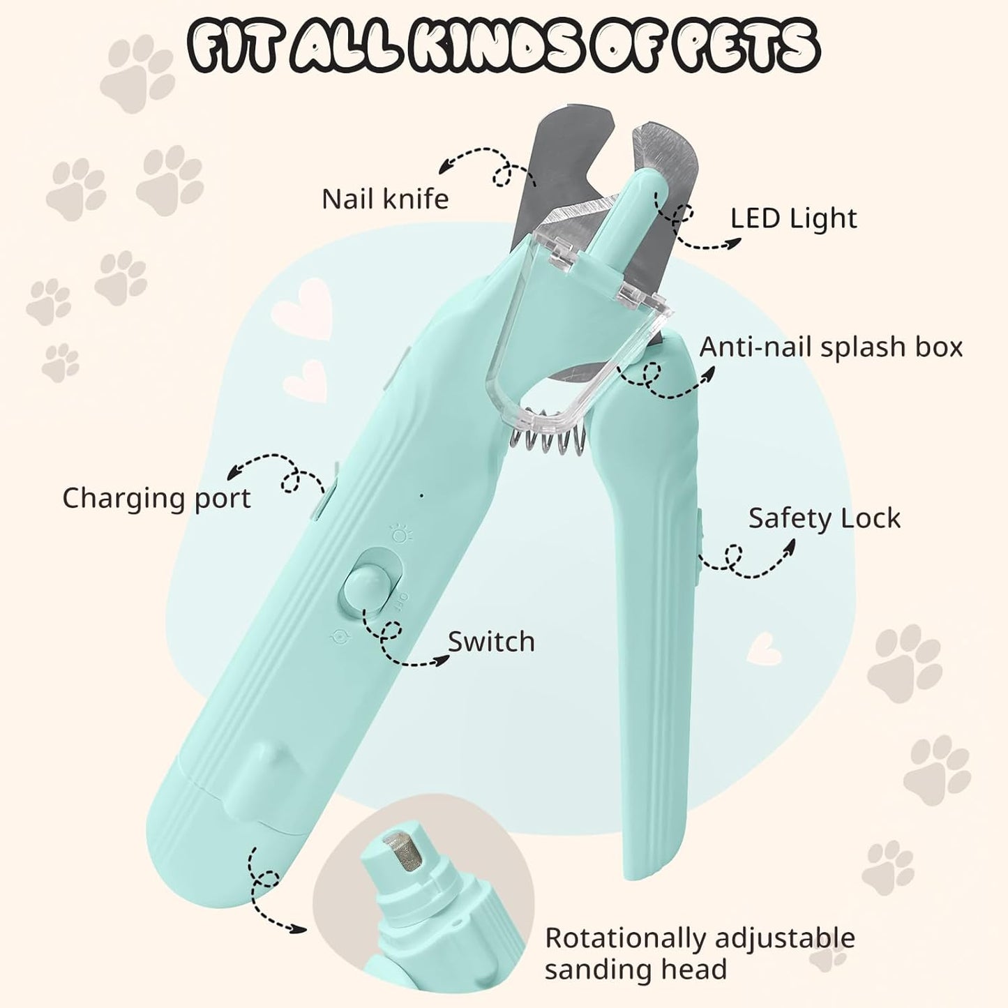 2-in-1 Dog Nail Trimmers & Dog Nail Grinder, Dog Nail Clippers with 2 LED Lights & Safety Guard, USB Rechargeable, Multiple Grinding Methods for Small, Medium, and Large Dogs & Cats (Green)