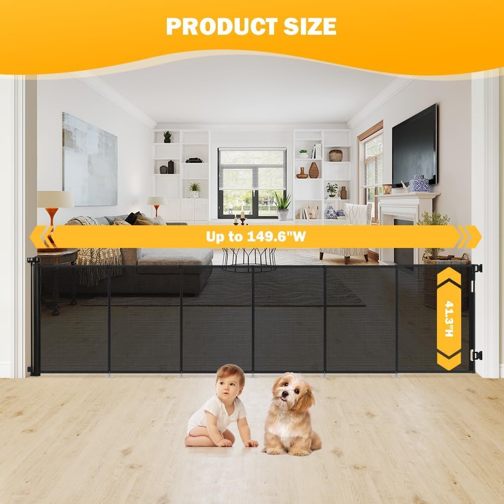 47” Extra Tall Retractable Baby Gate, Reinforced Mesh Dog Gate Extends to 71" Wide, Baby Gate for Stairs, Doorways, Hallways, Indoor and Outdoor, Black