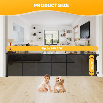 47” Extra Tall Retractable Baby Gate, Reinforced Mesh Dog Gate Extends to 71" Wide, Baby Gate for Stairs, Doorways, Hallways, Indoor and Outdoor, Black