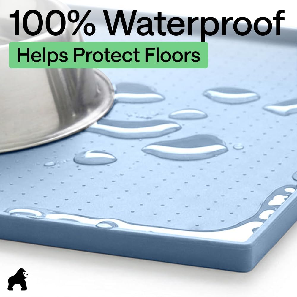 GORILLA GRIP 100% Waterproof Raised Edge BPA Free Silicone Pet Feeding Mat, Dog Cat Food Mats Contain Spills Protects Floors, Placemats for Cats and Dogs Water Bowl, 18.5x11.5, Gray