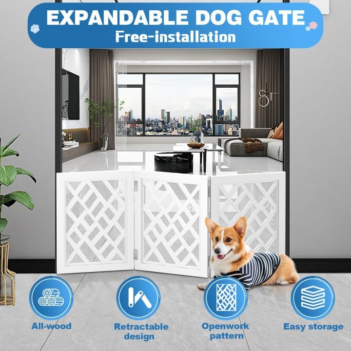 Cut-Out Design 16" Short Dog Gate for Small Dogs, Foldable Retractable Puppy Gate Indoor - Freestanding Lightweight Pet Barrier for Doorways, Stairs, Hallways (Extends to 41", White)