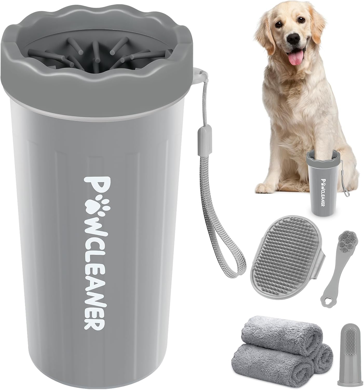 Professional 7 in 1 Dog Paw Cleaner for Dogs & Cats - Includes 1 Portable Paw Washer, 1 Bath Brush, 2 Dog Toothbrushes and 3 Absorbent Towels Note: Fits Paws up to 2 Inches Wide (Small, Blue)