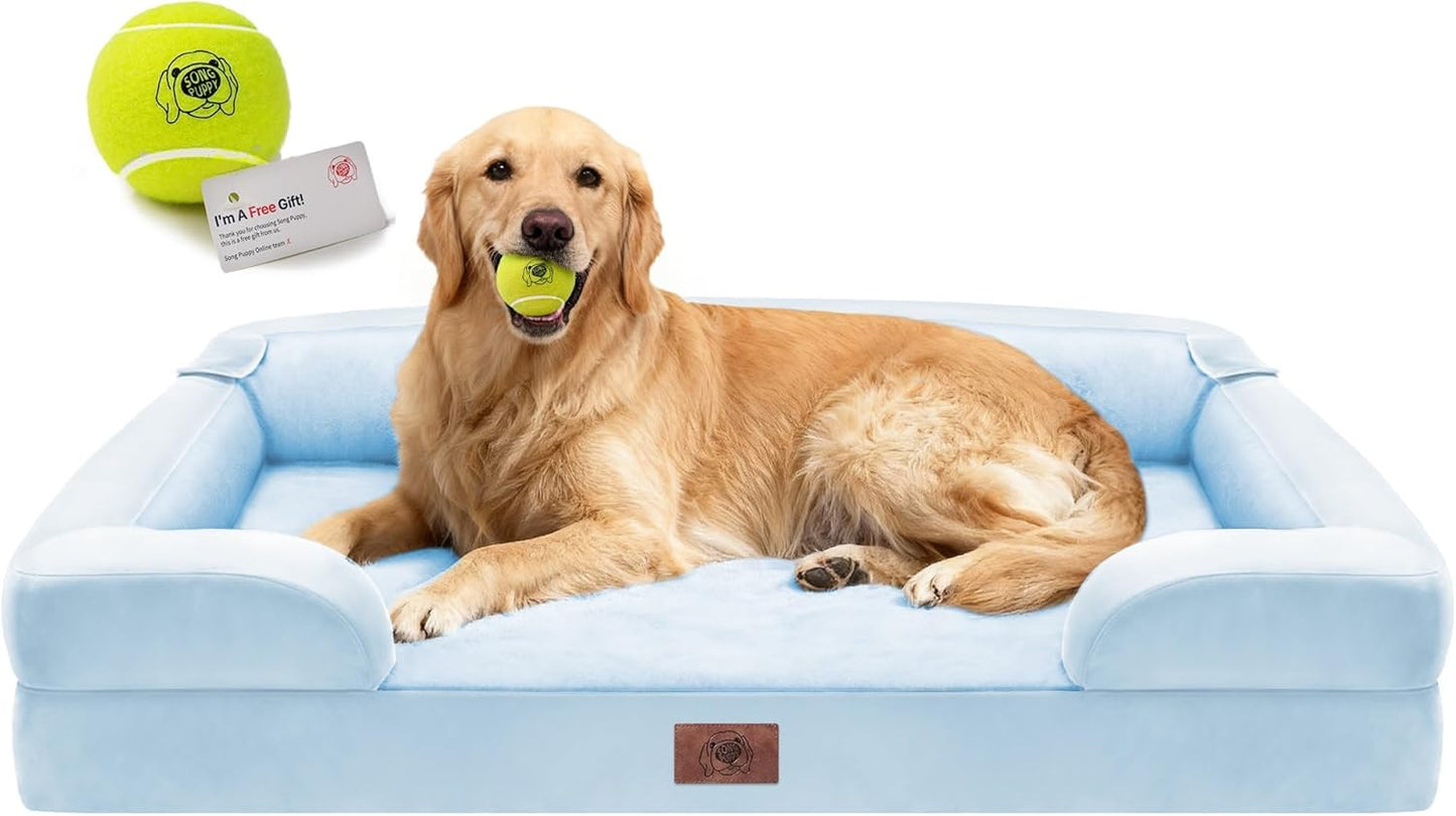Extra Large Dog Bed, Orthopedic XL Washable Memory Foam Bed for Big Dogs Waterproof Pet Couch Sofa Bolster with Removable Cover, Non-Slip Bottom, Tennis Ball Toy, 42x30