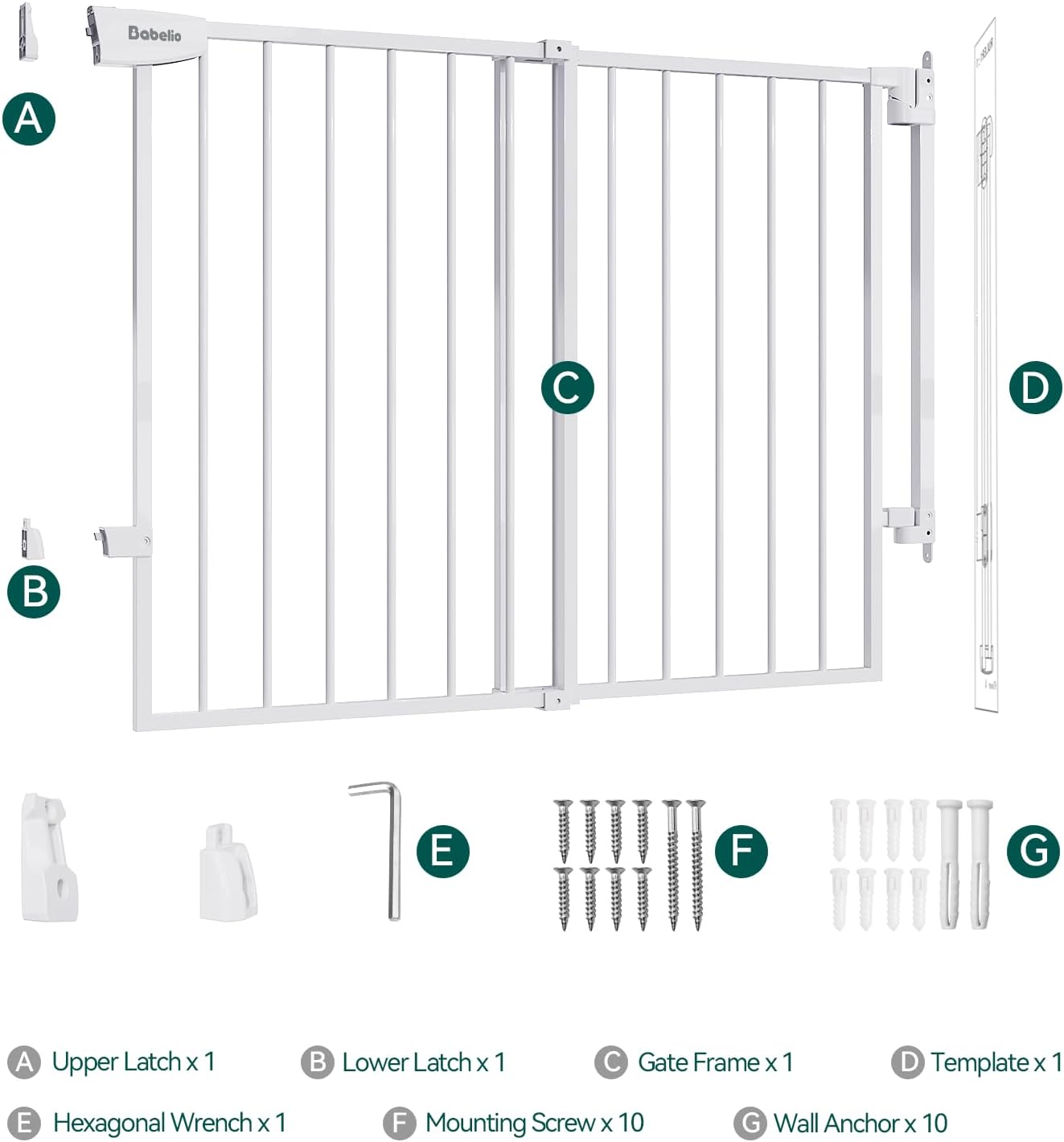 Babelio 29.7-46.5" No Bottom Bar Baby/Dog Gate for Stairs, House and Doorways, Auto Close Safety Pet Gates with Large Walk Thru Door, Hardware Mount, Black
