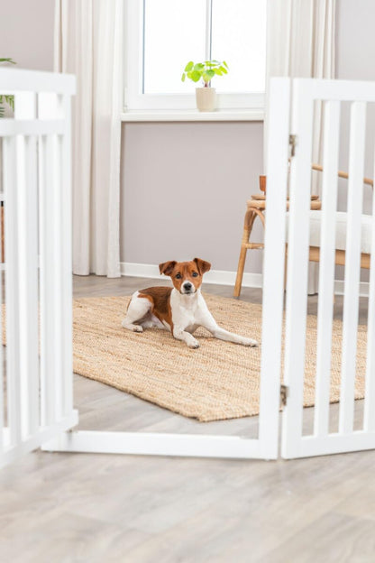 Trixie Freestanding 4-Panel Pet Gate, 31.5-in Tall Foldable Indoor Dog Barrier Fence, 81.2-in Max Width with Walk-Thru-Door, White
