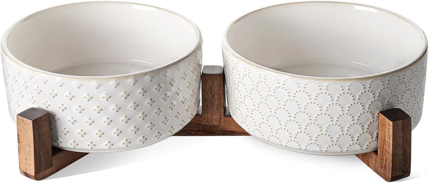 LE TAUCI Dog Bowl Set with Acacia Wood Stand - 1.5-Cup Ceramic Puppy Bowls for Small Dogs, Dual Food and Water Bowls with Weighted Non-Slip Base