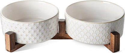 LE TAUCI Dog Bowl Set with Acacia Wood Stand - 1.5-Cup Ceramic Puppy Bowls for Small Dogs, Dual Food and Water Bowls with Weighted Non-Slip Base