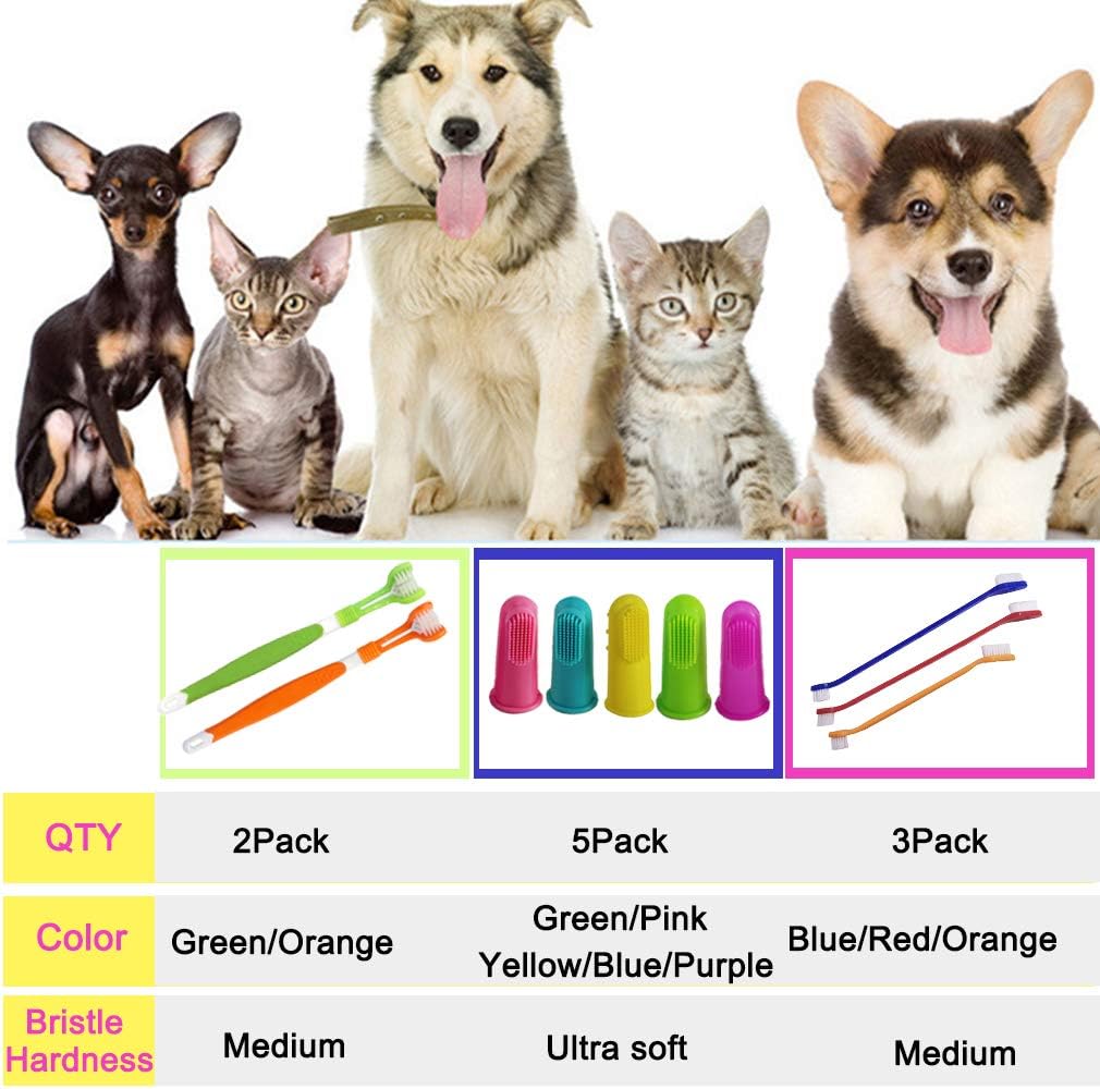 Zeyaa 10 Pack Pet Dog Toothbrush, 2 Triple Head Pet Toothbrushes 3 Double Head Tooth Brush 5 Pack Finger Rubber Toothbrushes, Multi-Angle Dental Cleaning Brushes for Dog Cat Oral Dental Health