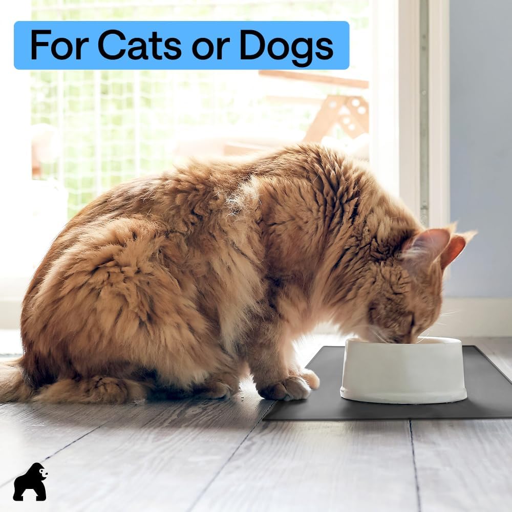 GORILLA GRIP 100% Waterproof Raised Edge BPA Free Silicone Pet Feeding Mat, Dog Cat Food Mats Contain Spills Protects Floors, Placemats for Cats and Dogs Water Bowl, 18.5x11.5, Gray