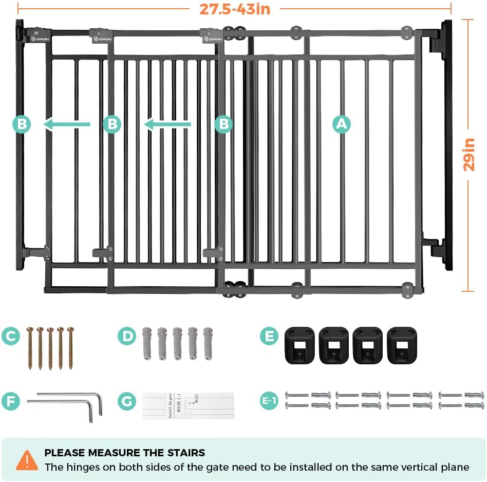 COMOMY 27.5-43" Baby Gate No Bottom Bar for Stairs and Doorways, 2-in-1 Auto Close Dog Gate Indoor for the House, Hardware Mounted Pet Gate with Large Walk Thru Door, Child Safety Gate for Dogs, Black