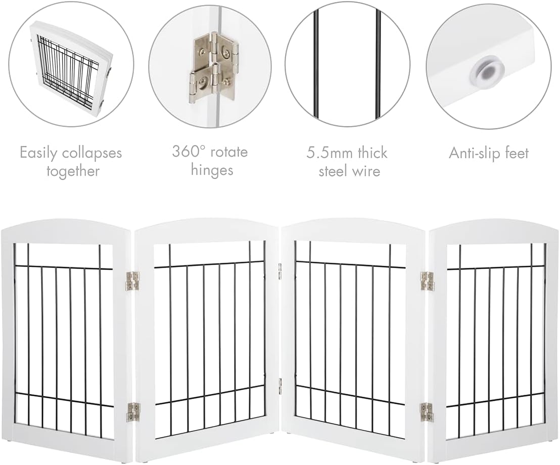 PAWLAND Free Standing Dog Gates for The House Stairs Doorways Indoor Foldable Wooden Small White Puppy Pet Gate Step Over Fence 60" W 24" H 3 Panels