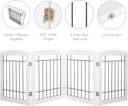 PAWLAND Free Standing Dog Gates for The House Stairs Doorways Indoor Foldable Wooden Small White Puppy Pet Gate Step Over Fence 60" W 24" H 3 Panels