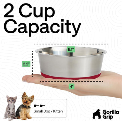 GORILLA GRIP Dog Bowls, Food Grade 304 Stainless Steel, Holds 2 Cups Each (16 fl oz) Food and Water Bowl for Feeding Dogs and Cats, Dishwasher Safe, Rust Resistant, BPA Free Rubber Base Set of 2 Black
