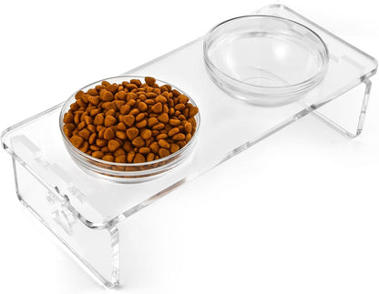 Elevated Dog & Cat Bowls – 3.75” Acrylic Raised Pet Feeder Stand with 2 Stainless Steel & 2 Glass Bowls – Food & Water Dish Set for Puppy/Small Dogs & Cats