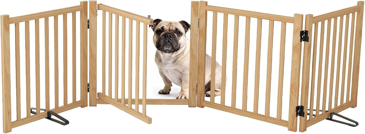 Wooden Dog Gate Indoor, 23" H Freestanding Dog Gates with Door, No-Painted Foldable Puppy Fence, Doggy Barrier for Doorway, Stairs- 4 Panels