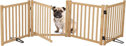 Wooden Dog Gate Indoor, 23" H Freestanding Dog Gates with Door, No-Painted Foldable Puppy Fence, Doggy Barrier for Doorway, Stairs- 4 Panels