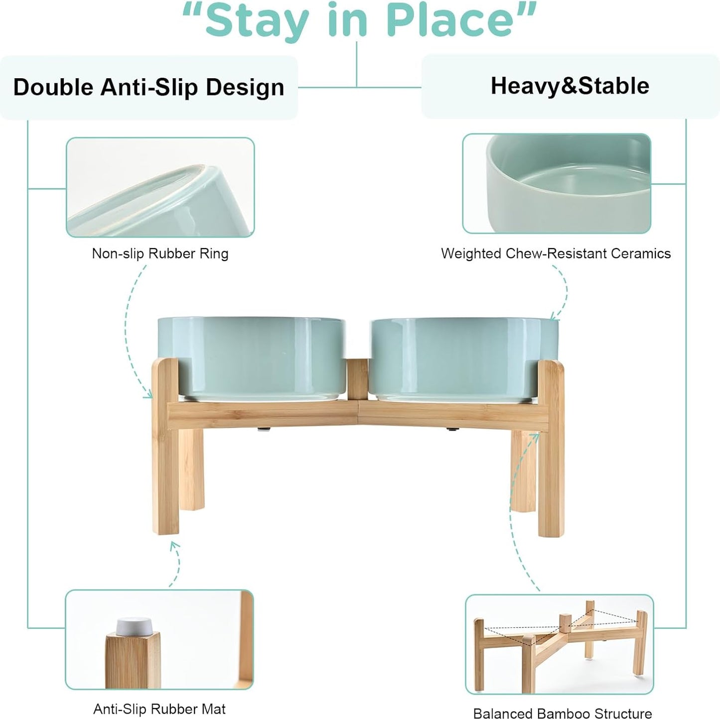 SPUNKYJUNKY Elevated Dog Bowls Ceramic, 6.1'' Dogs and Cat Food Water Bowls Raised with Non-Slip Bamboo Stand for Medium Sized Breed Microwave Dishwasher Safe - 28.7 OZ,Beige