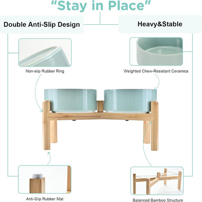 SPUNKYJUNKY Elevated Dog Bowls Ceramic, 6.1'' Dogs and Cat Food Water Bowls Raised with Non-Slip Bamboo Stand for Medium Sized Breed Microwave Dishwasher Safe - 28.7 OZ,Beige