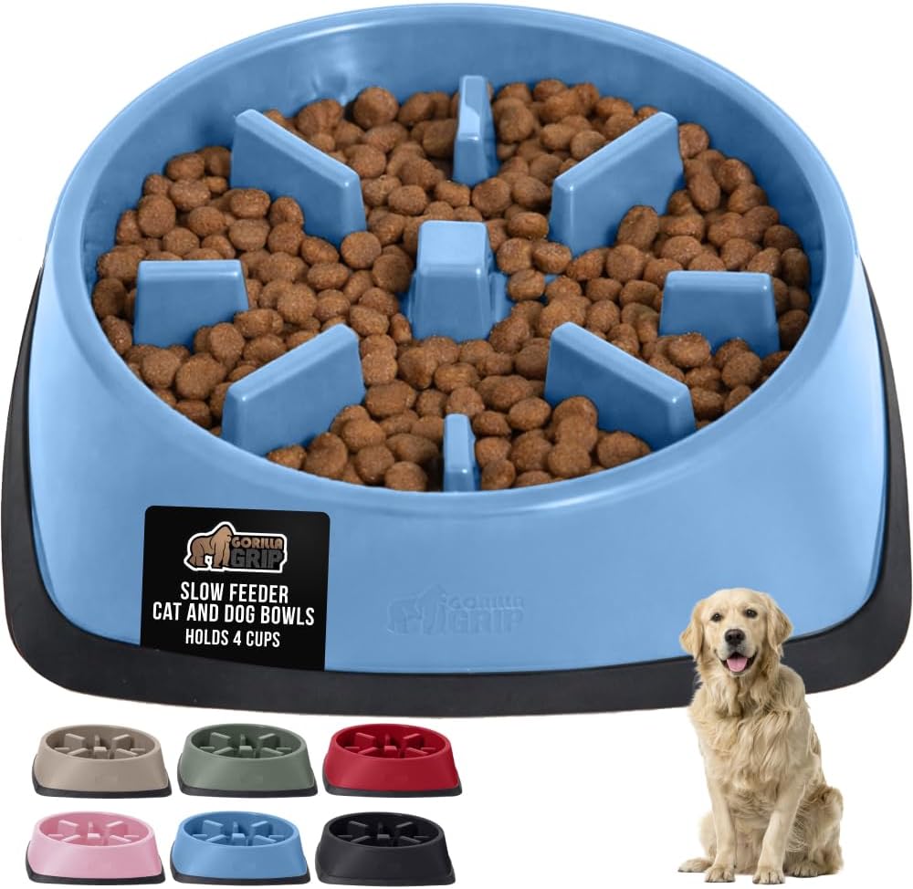 GORILLA GRIP® Patented BPA Free Slow Feeder Dog Bowls, Interactive Puzzle Toy for Dogs and Cats Food Training Enrichment, Keeps Pets Busy and Prevents Puppy Overeating, Small Breeds, 1 Cup, Gray