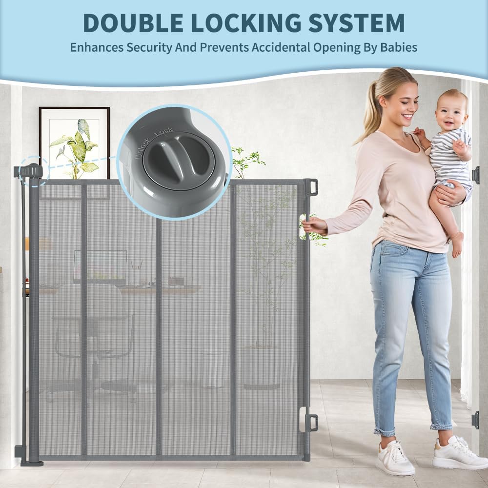 47” Extra Tall Retractable Baby Gate, Reinforced Mesh Dog Gate Extends to 71" Wide, Baby Gate for Stairs, Doorways, Hallways, Indoor and Outdoor, Black