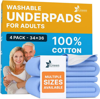 GREEN LIFESTYLE Washable Underpads - Large Pads for use as Incontinence Bed Pads, Reusable Pet Pads, Great for Dogs, Cats, Bunny, Seniors Bed Pad (Pack of 4-34x36)