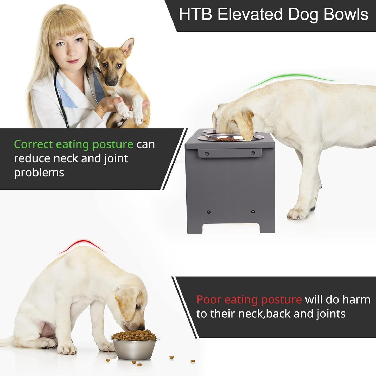 HTB Elevated Dog Bowls,Raised Dog Bowl Stand with 2 Stainless Steel Bowls,Elevated Raised Dog Bowls for Large Medium Small Sized Dogs