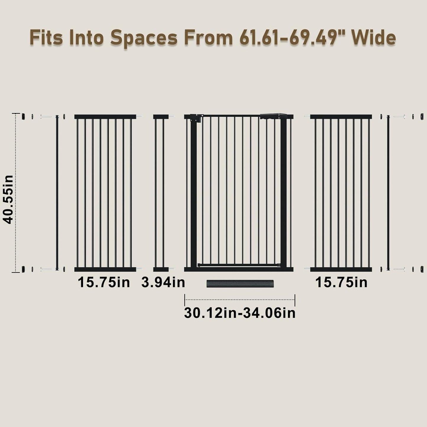 WAOWAO 40.55" Extra Tall 1.37" Ultra Narrow Spacing 53.74-61.61" Extra Wide Dogs Pets Baby Gate Safety Indoor Puppy Pressure Mounted Gate No Drill Black Metal for Stairs,Doorways,Kitchen,Hallway