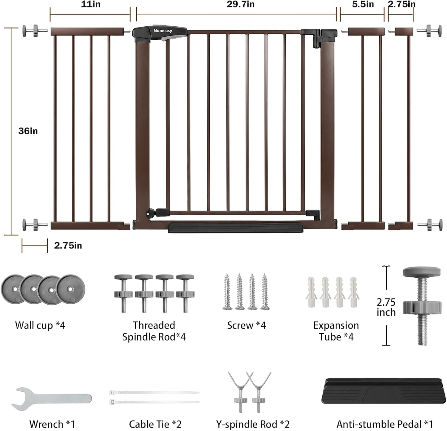 Mumeasy Baby Gate Extra Wide, 29.7-51'' Pressure Mounted Dog Gate with Walk Thru Door, Auto Close Pet Gate for House, Stairs, Doorways,Black