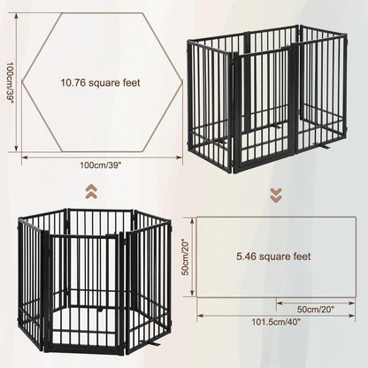 Metal Freestanding Dog Gate with Door, Extra Wide 81", 31" Height Foldable Dog Gates for Doorways, Tall Pet Fence Indoor Pet Gates, 4 Panels Pet Barrier for Stairs Hallways, Black