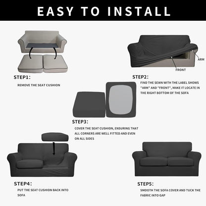 Easy-Going 100% Dual Waterproof 4 Pieces Stretch Soft Couch Cover for Dogs, Sofa Slipcover for 3 Separate Cushion Couch Leakproof Furniture Protector for Kids, Pets Dark Gray