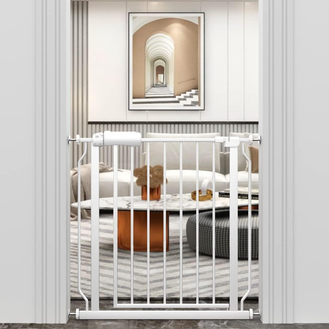 WAOWAO Baby Gate 71.65-85.03" Extra Wide Pressure Mounted Walk Through Swing Auto Close Safety Metal Black Toddler Kids Child Dog Pet Puppy for Stairs,Doorways,Kitchen