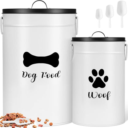 DoubleFill Extra Large 23+10 lbs Metal Dog Food Storage Containers Set of 2 Airtight Dog Treat Snack Jars with Lids and Spoon Farm House Style Big Pet Cookie Jar for Kitchen Counter Gift